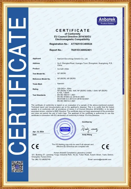 Certificación CE EMC para enfriadores de baño de hielo